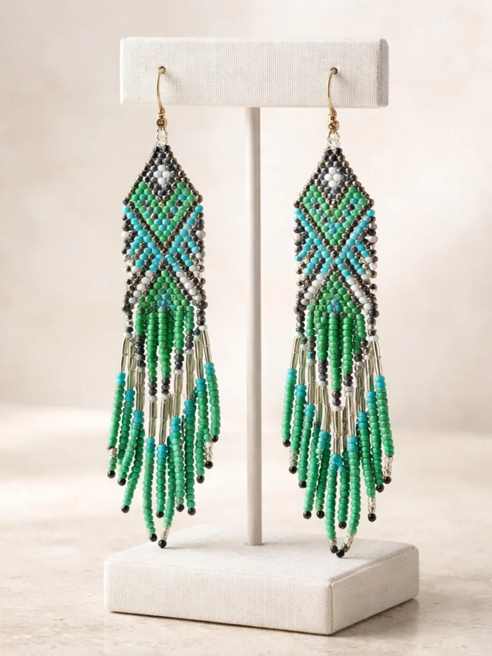 Beaded Earrings Boho Western Statement  5” Green Tribal Cowgirl Festival Jewelry